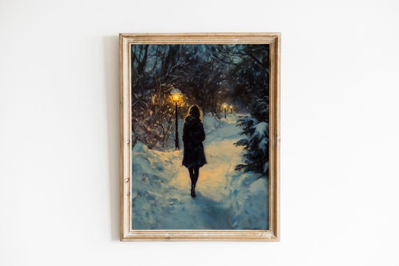 Moody Winter Art Solitary Woman With Lantern Walking On Snowy Path Vintage Decor Cozy Landscape 509