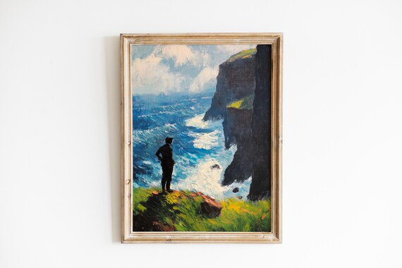 Man On Cliff Edge Stormy Sea Moody Seascape Oil Painting Poster