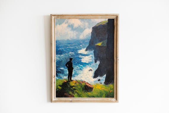Moody Coastal Seascape Painting Traveler On Cliff Edge Stormy Sea View Atmospheric Landscape Art Painterly Wall Decor 429
