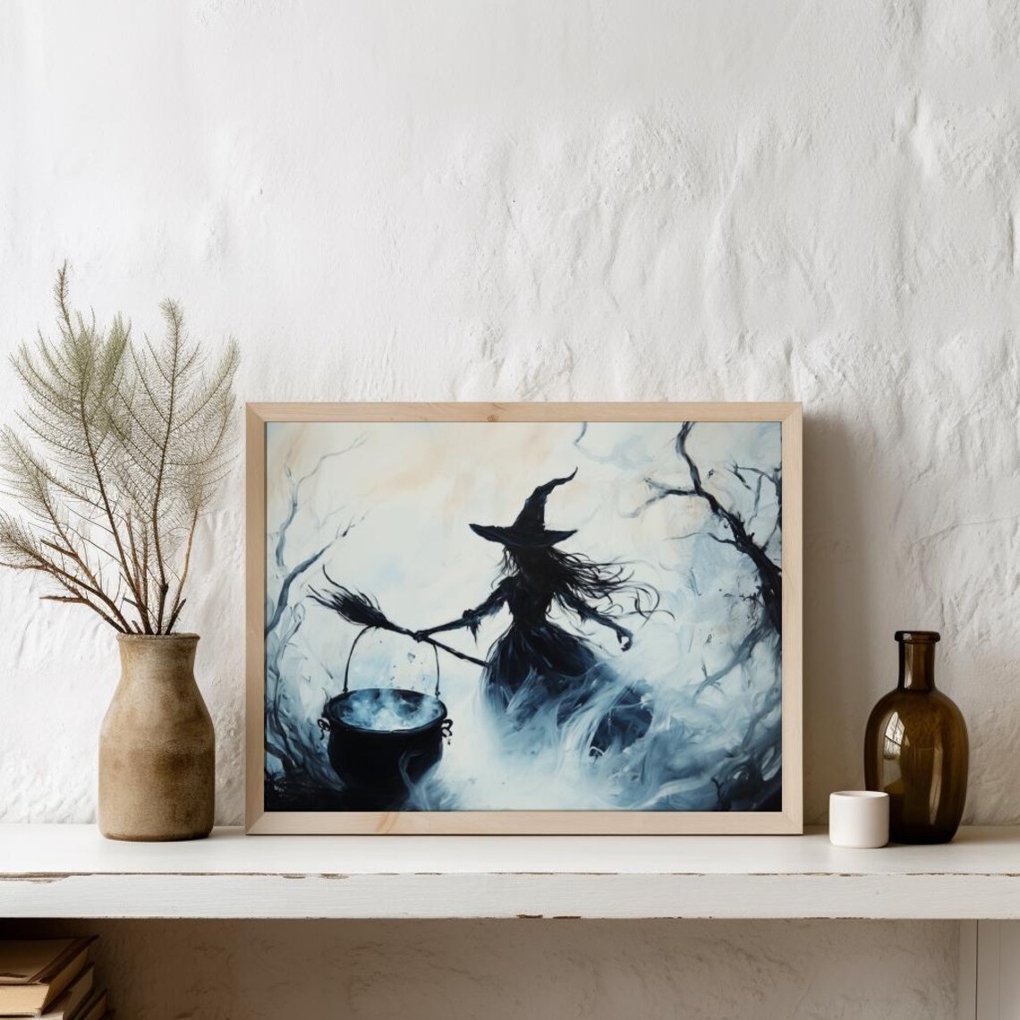 Witch Stirring Cauldron in Misty Forest Gothic Spell Art Poster - Image 2
