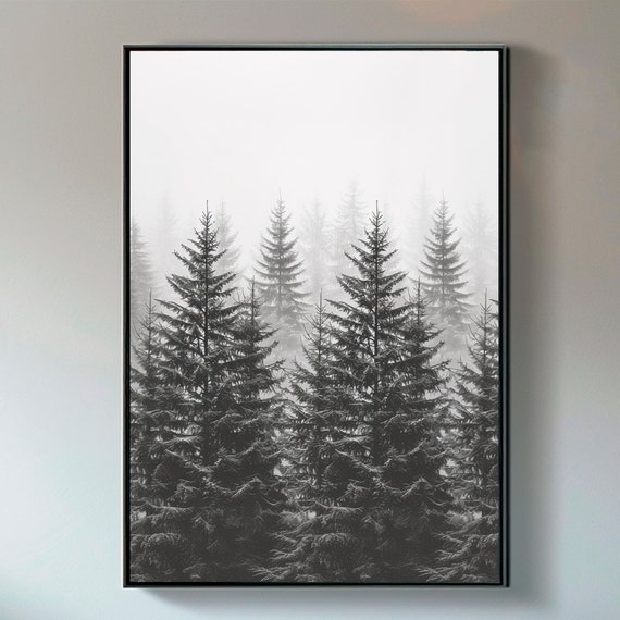 Art Black And White Misty Forest Coniferous Trees Vintage Foggy Minimalist Decor Evergreen