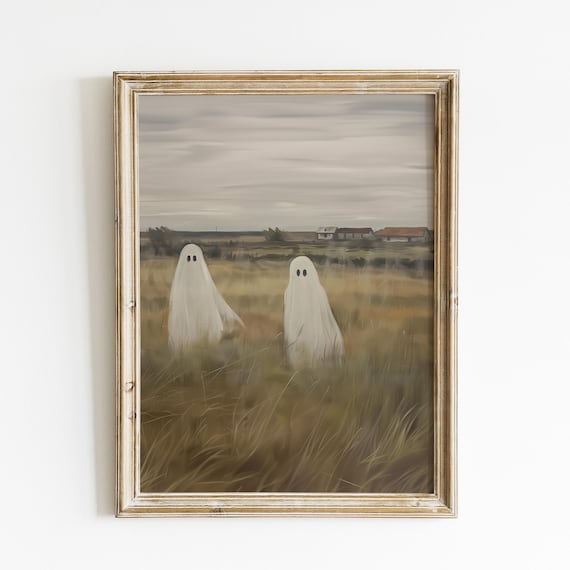 Ghost Painting Halloween Wall Art Print Country Rustic Ghosts In Fall Field Moody Spooky Painting Cottagecore Decor Wall Art