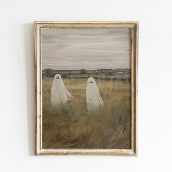 Two Ghosts In Autumn Field Farmhouse Vintage Spooky Halloween Art Poster