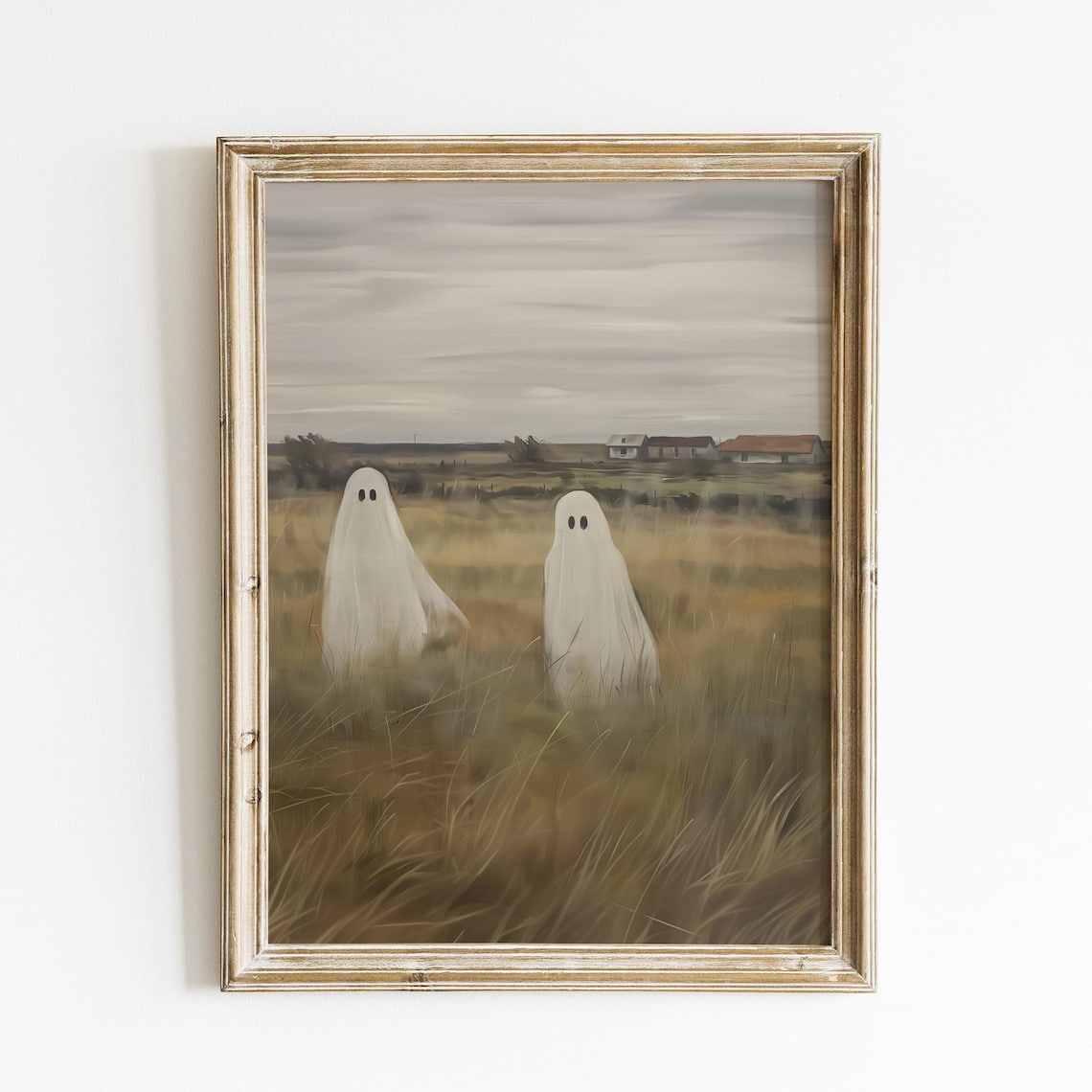 Two Ghosts In Autumn Field Farmhouse Vintage Spooky Halloween Art Poster