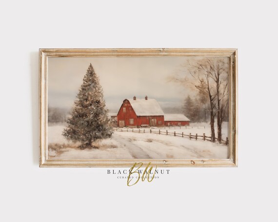Winter Rustic Country Landscape, Red Barn Art Print