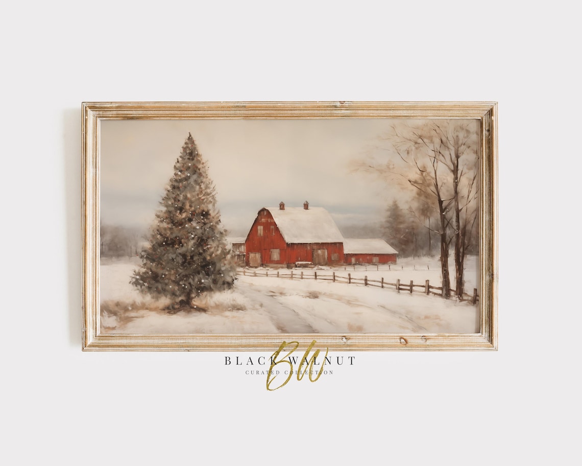 Winter Rustic Country Landscape, Red Barn Art Print