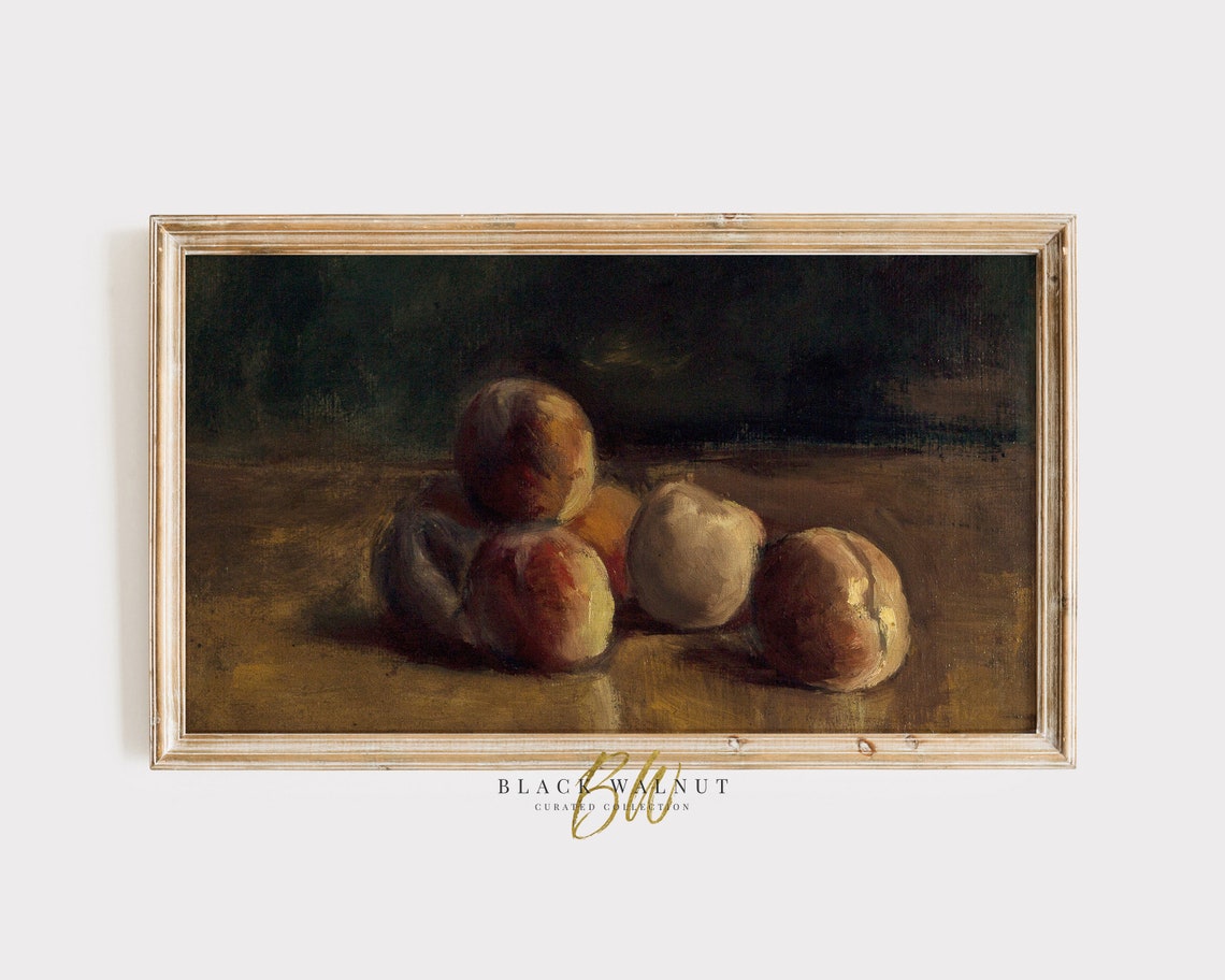 Frame Tv Art Vintage Peaches Still Life Painting Moody Fruit Antique Oil Painting French Farmhouse Decor