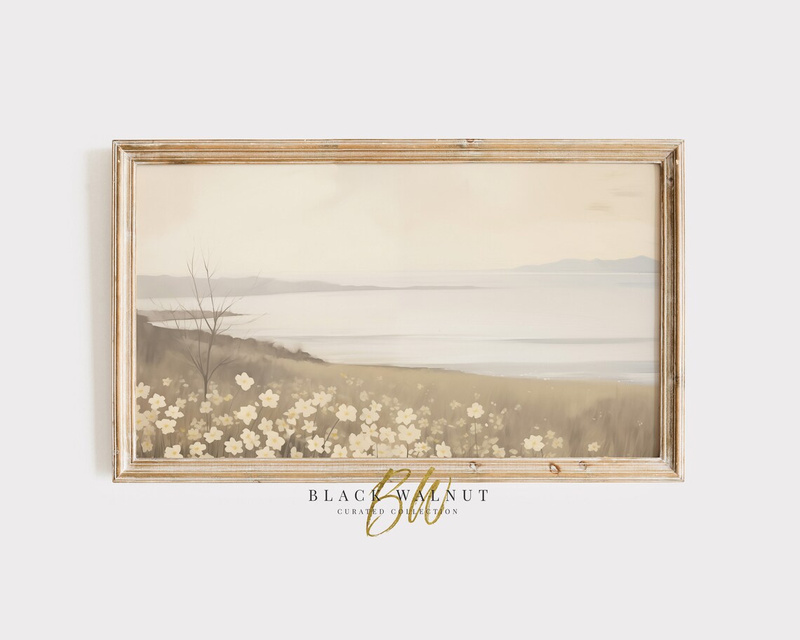 Wildflower Meadow By The Sea Neutral White Floral Landscape Art Print