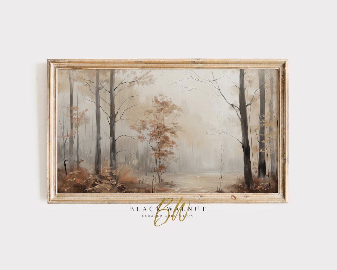 Misty Autumn Forest Painting Golden Fall Trees Serene Neutral Wall Art