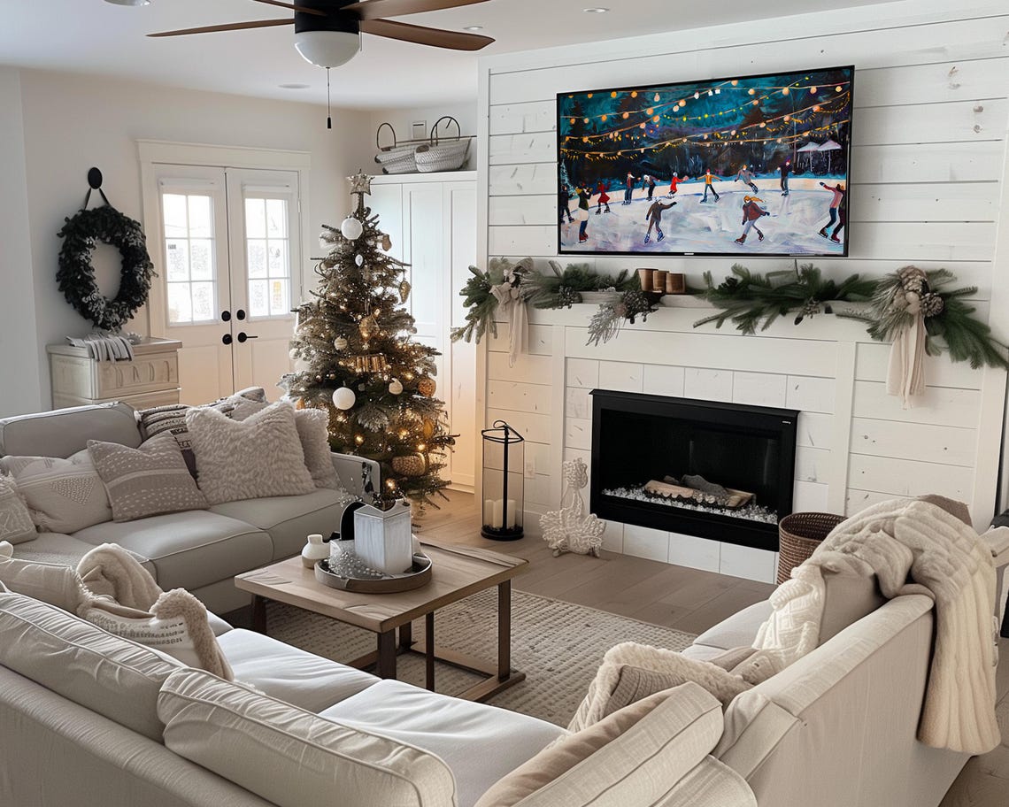 Night Ice Skating Rink Painting Festive Skaters String Lights Wall Art - Image 2