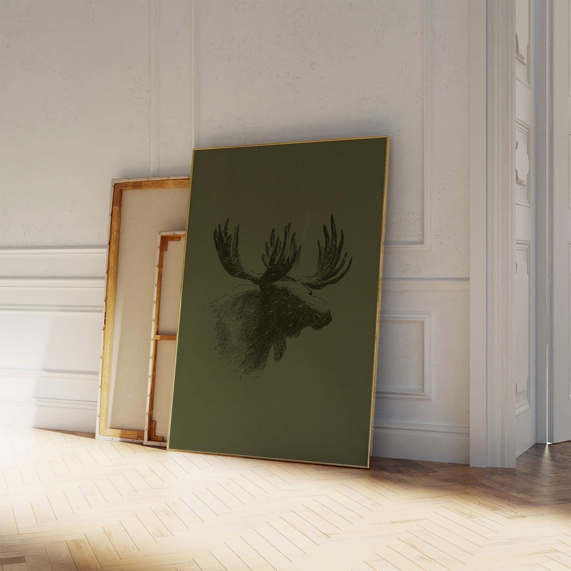 Moose Portrait Engraving Dark Green Vintage Animal Sketch Wall Poster - Image 2