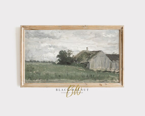 Vintage Old Barn Art, Rustic Sage Green Landscape