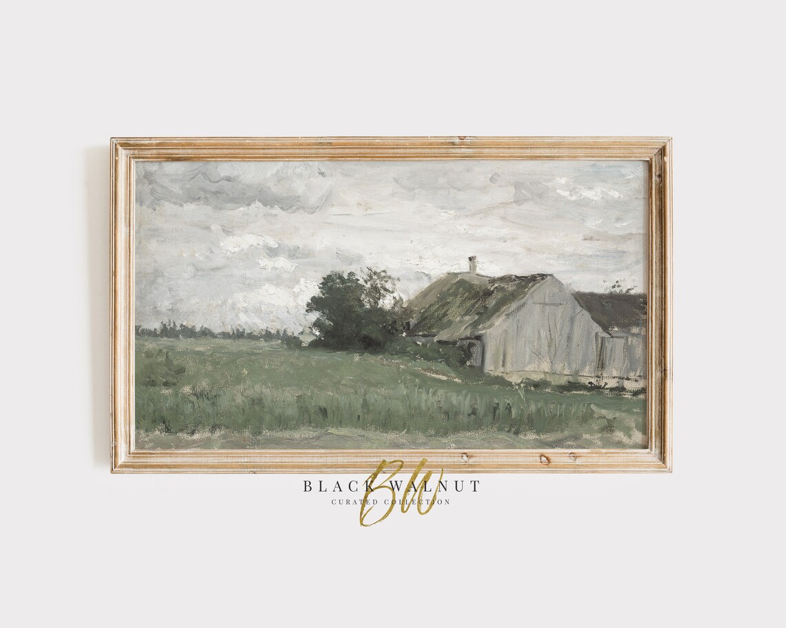 Vintage Old Barn Art, Rustic Sage Green Landscape