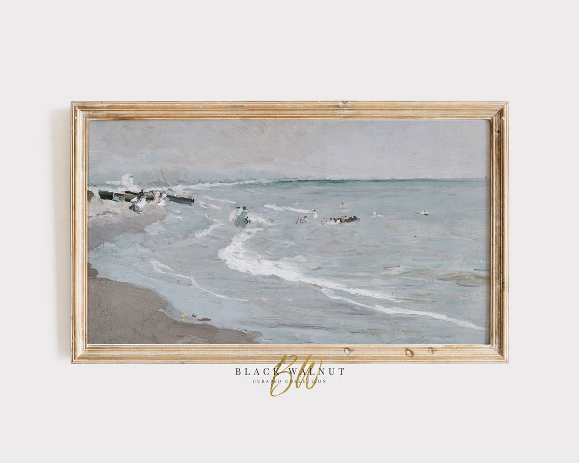 Vintage Muted Seascape Bathers In Ocean Gray Blue Coastal Poster