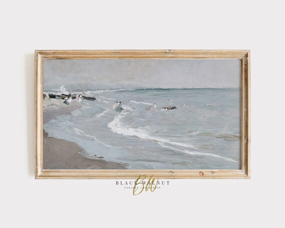 Vintage Muted Seascape Bathers In Ocean Gray Blue Coastal Poster