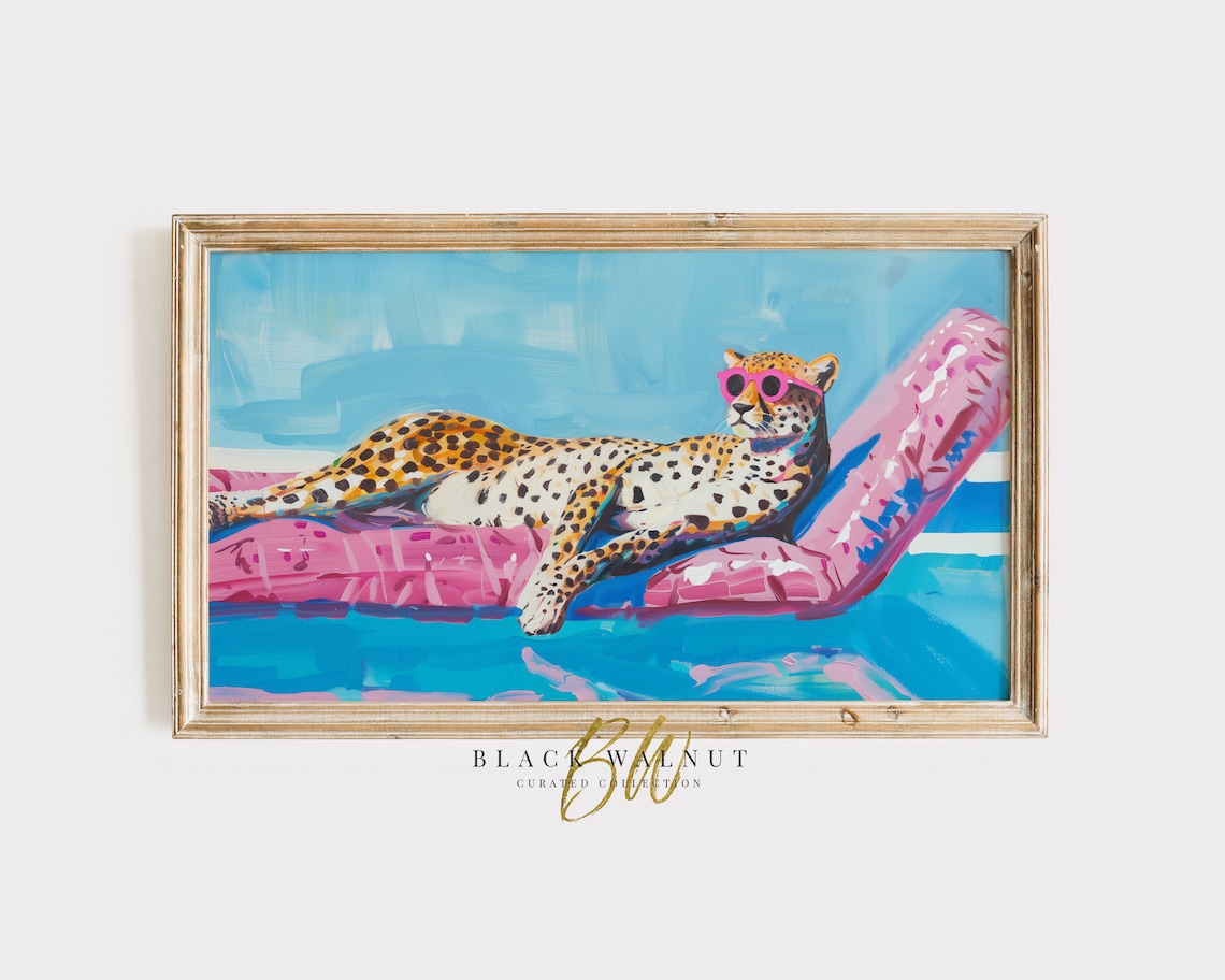 Funny Cheetah on Floatie Retro Animal Art Print