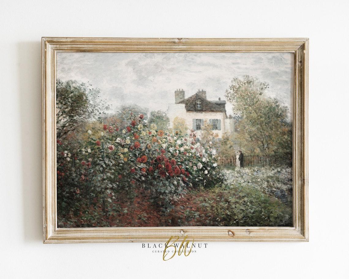 Vintage Country Cottage With Rose Garden Antique Oil Painting French Country Summer Flower Garden Muted Pastels French Farmhouse Art Print