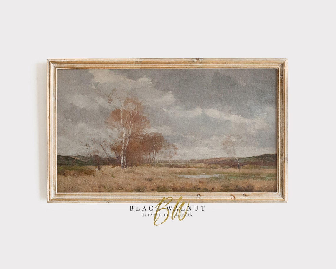 Moody Autumn Birch Trees Golden Meadow Muted Fall Landscape Art Print