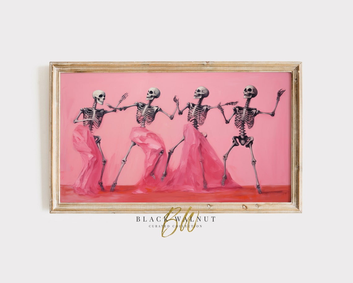 Dancing Skeletons in Pink Dresses Girly Halloween Party Art Poster
