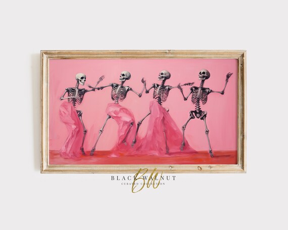 Dancing Skeletons in Pink Dresses Girly Halloween Party Art Poster