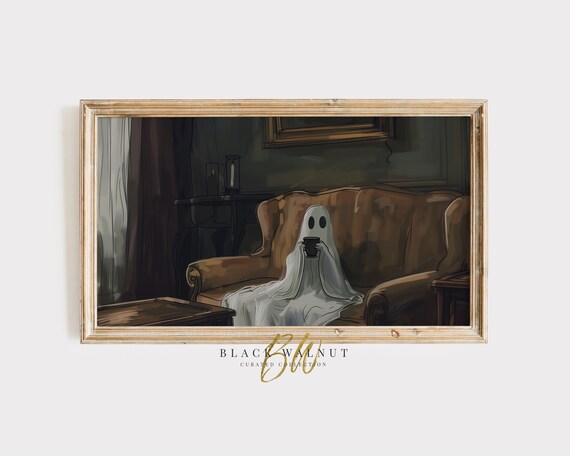 Cute Ghost Drinking Coffee Brown Couch Cozy Funny Halloween Wall Art Poster