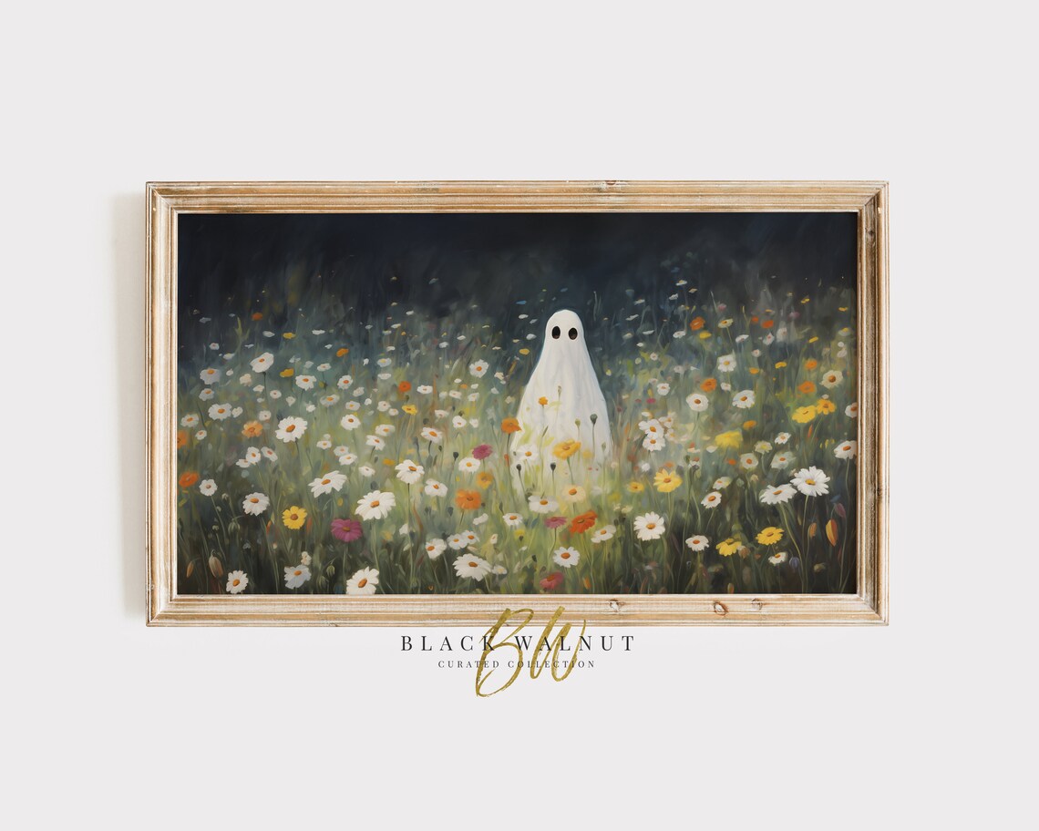 Cute Ghost Colorful Wildflower Meadow Night Garden Spooky Halloween Wall Art