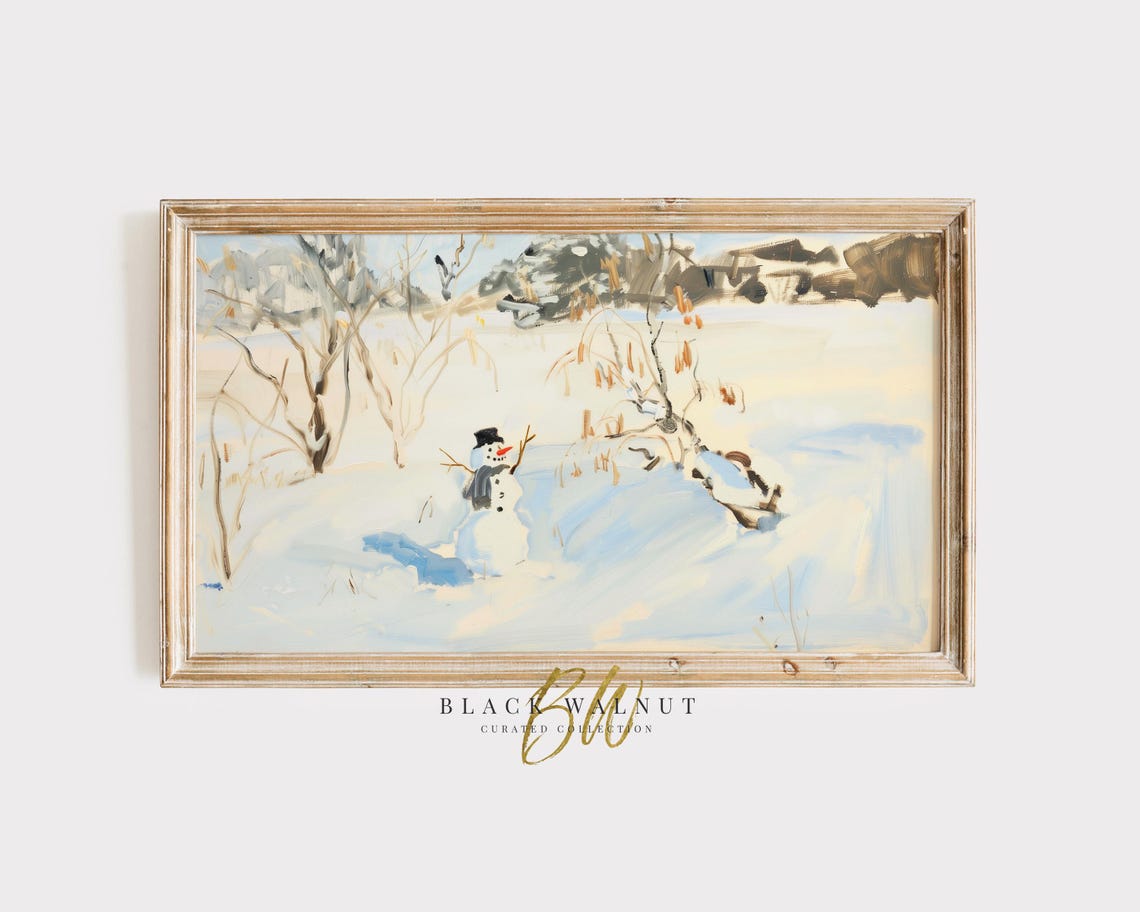 Frame Tv Art Snowman Vintage Christmas Painting Tv Art Snowy Winter Modern Farmhouse Holiday Seasonal Decor Tv Screensaver