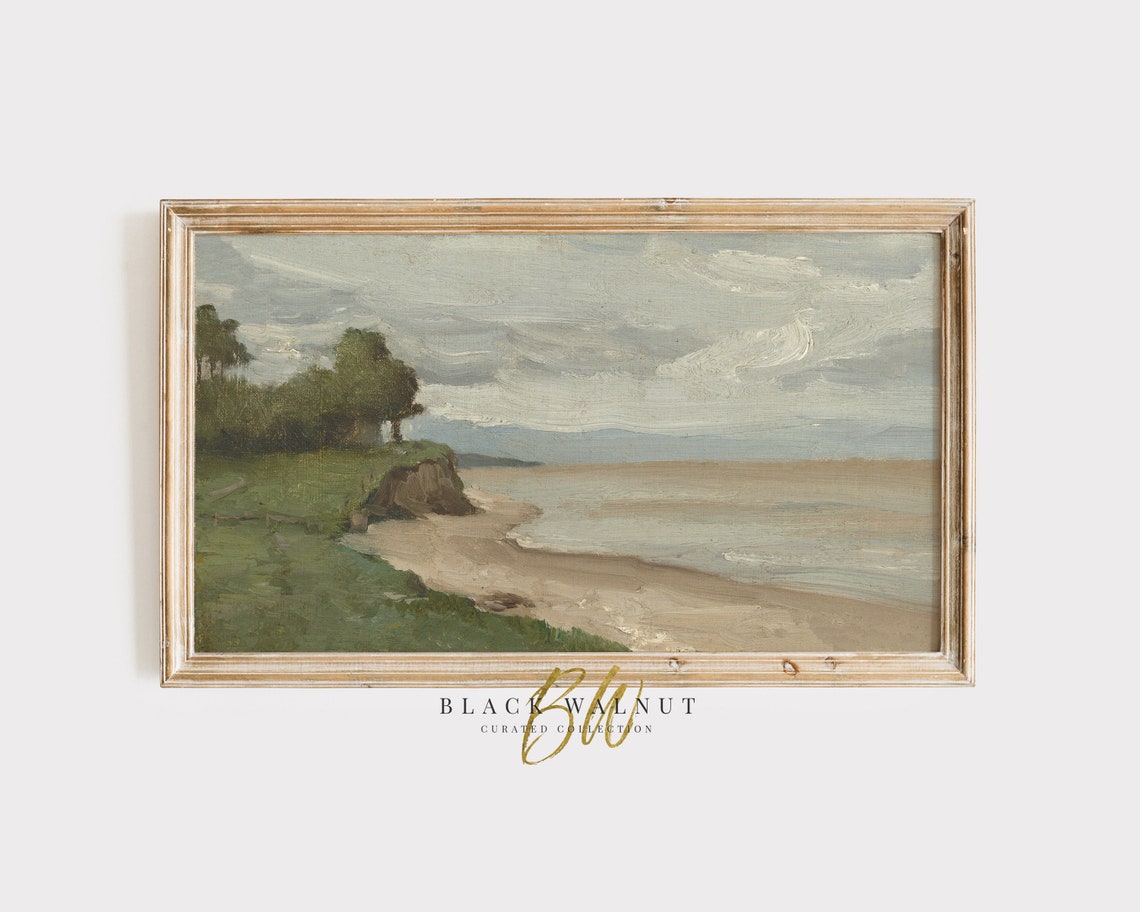 Muted Coastal Cliff Beach Green Bluff Cloudy Seascape Painting Poster