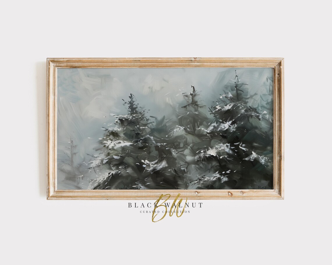 Misty Snowy Evergreen Forest Gray Blue Vintage Winter Landscape Poster