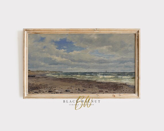 Frame Tv Art Moody Coastal Vintage Seascape Painting Dark Beach Scene Summer Frame Tv Art Ocean Waves Muted Antique Coastal Art