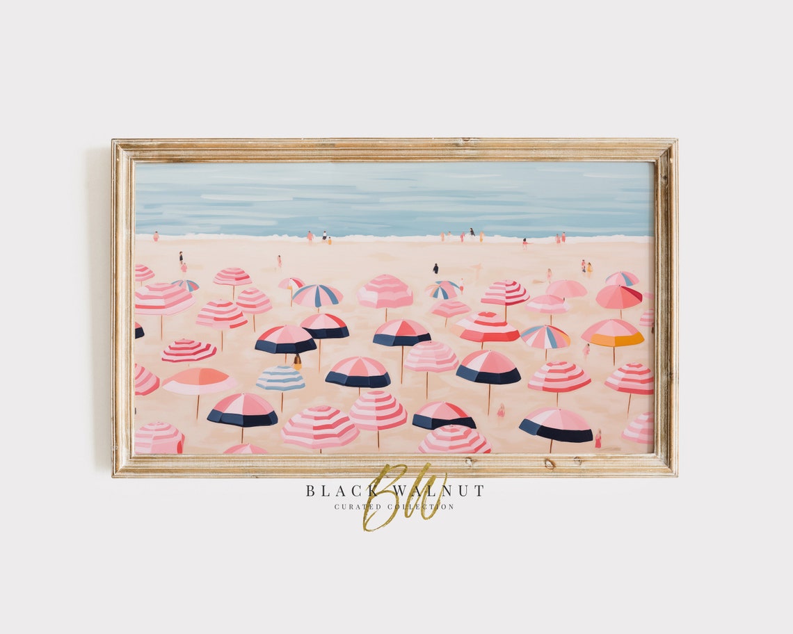 Retro Striped Beach Umbrellas Aerial Summer Coast Pastel Art Poster