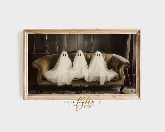 Three Cute Ghosts Sitting On Vintage Sofa Painting Funny Halloween Print