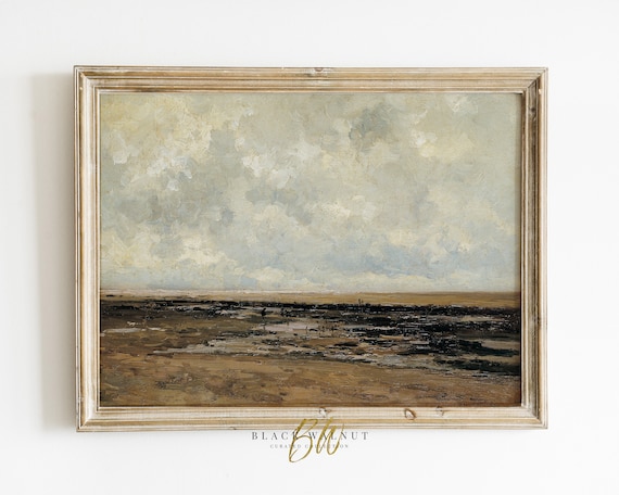 Vintage Landscape Print Villerville Beach Antique Oil Painting Normandy Beach Print Horizontal Wall Art Vintage Painting Moody Wall Art
