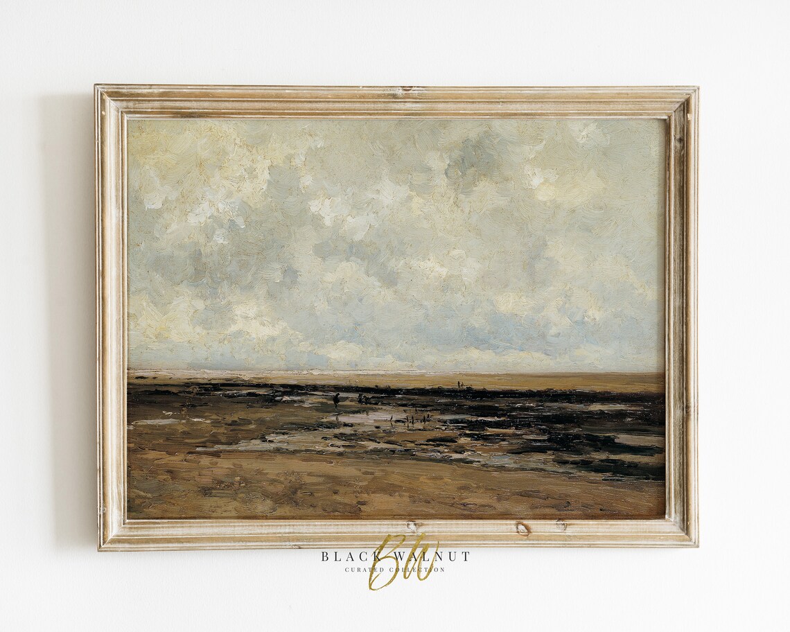 Dramatic Moody Shoreline Under Cloudy Sky Antique Seascape Oil Art Print