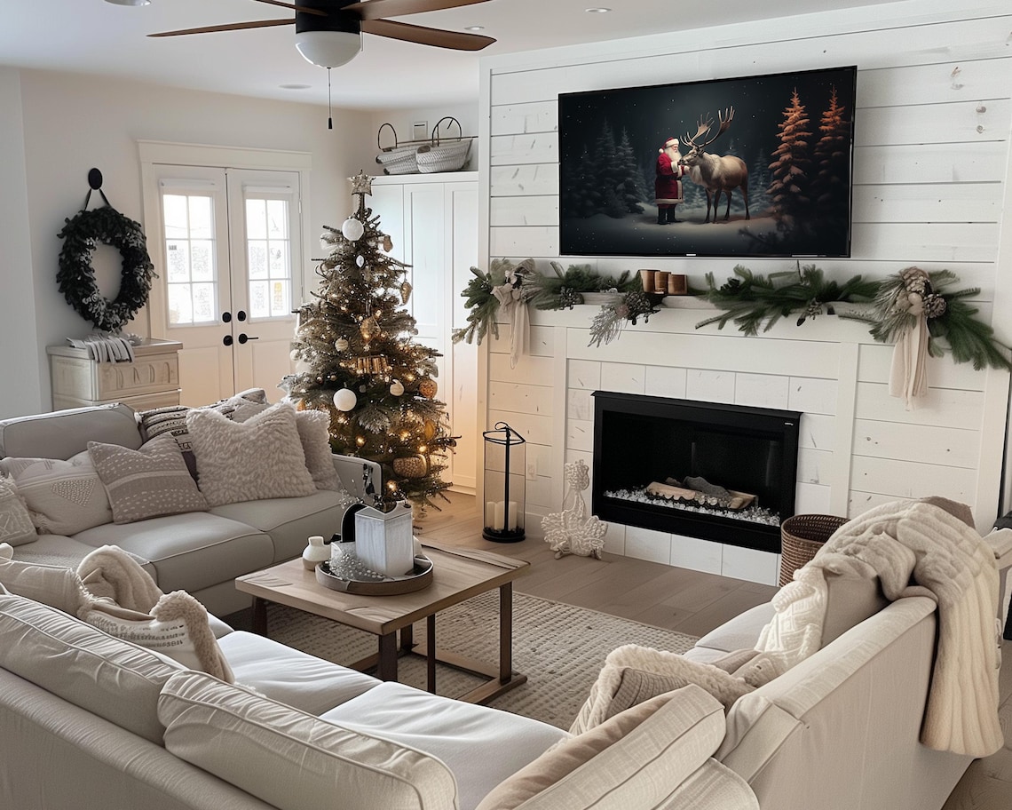 Santa Claus With Reindeer Snowy Forest Night Magical Christmas Poster - Image 2