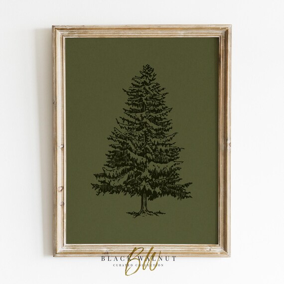 Winter Tree Sketch Moody Dark Green Wall Art Christmas Modern Minimalist Art Farmhouse Decor Christmas Tree Art