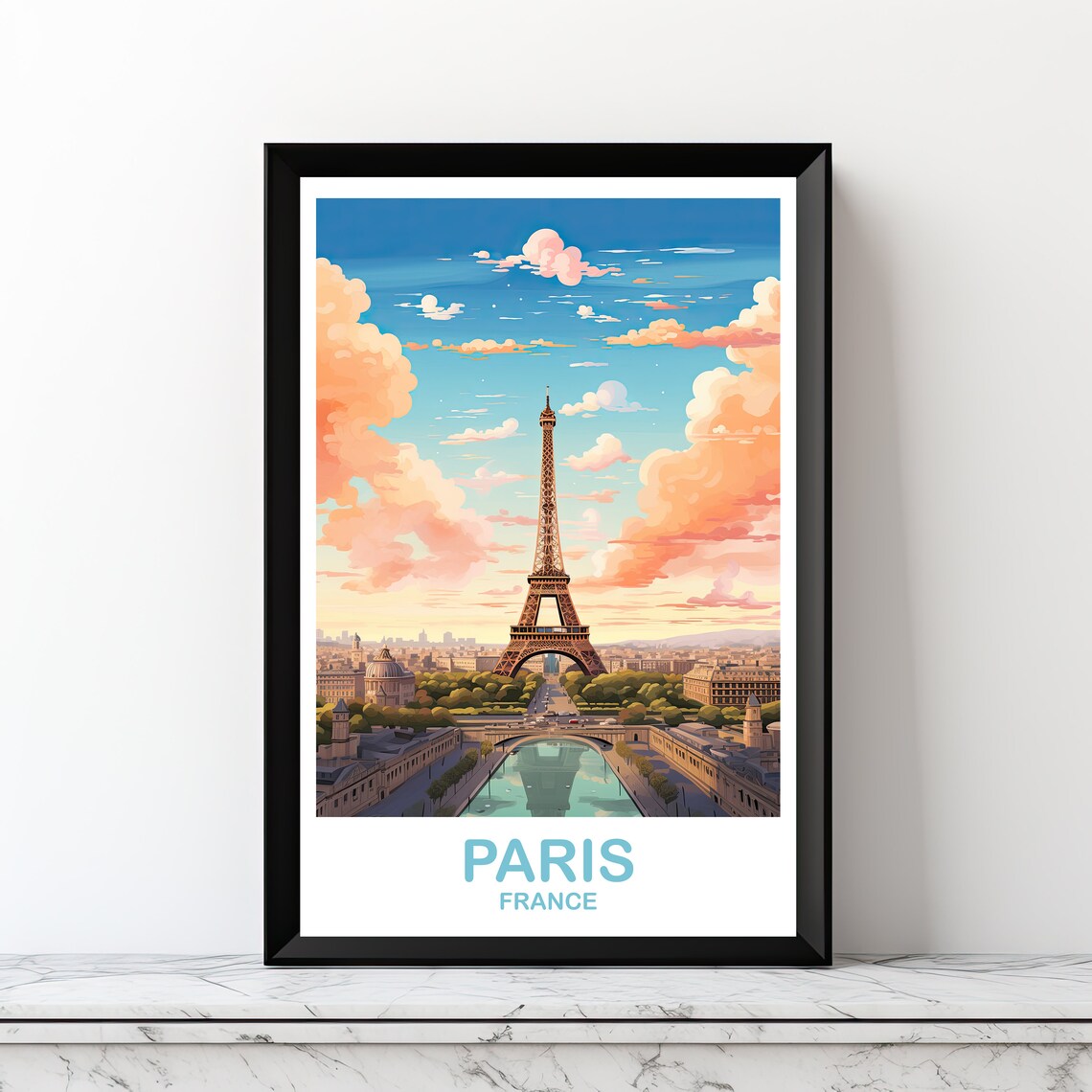 Paris Skyline Travel Poster, Eiffel Tower Wall Art