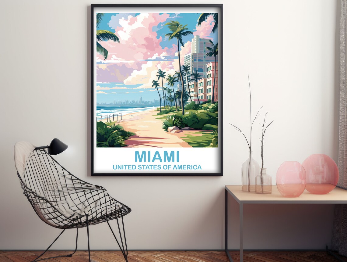 Miami Beach Palm Trees Ocean Coastline Vintage Travel Art Poster - Image 3