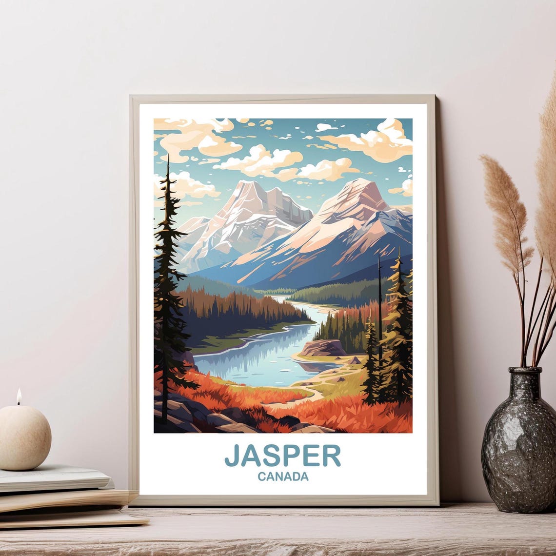 Jasper Canada Mountain Lake Travel Poster Retro Alberta Landscape Art