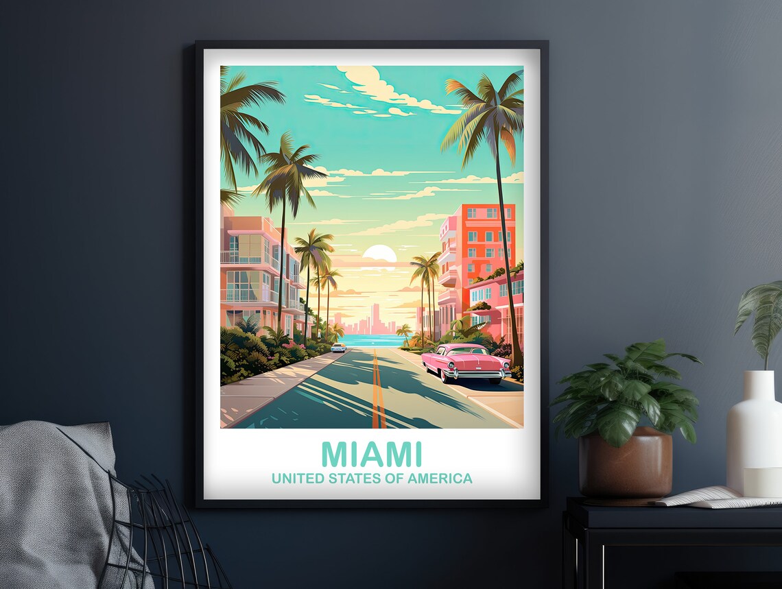 Miami Ocean Drive Retro Street Pink Classic Car Travel Art Poster - Image 3