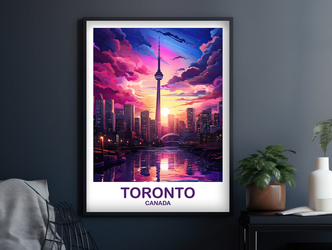Toronto Canada CN Tower Sunset Cityscape Neon Night Art Poster - Image 3