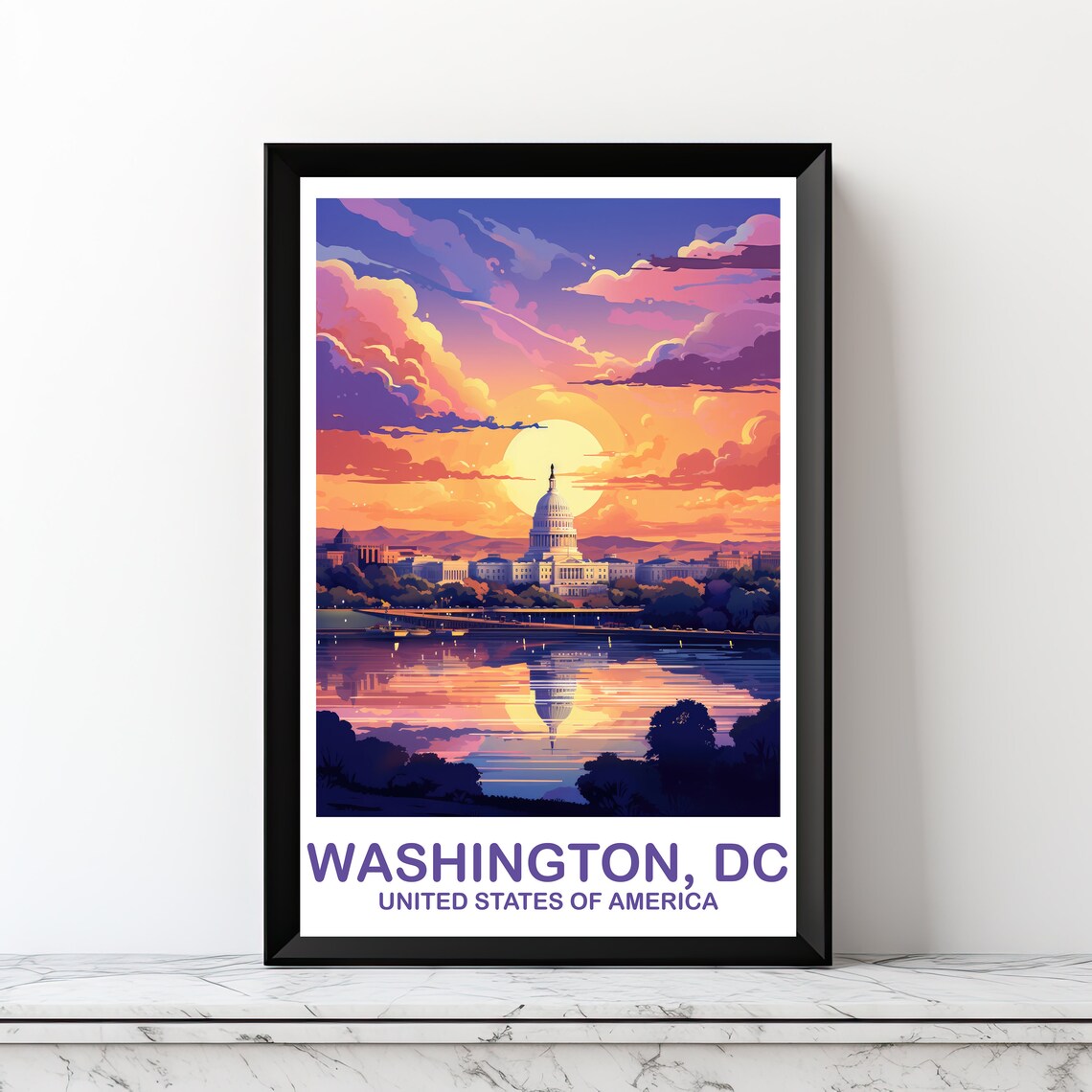 Washington DC Travel Poster, City Skyline Sunset