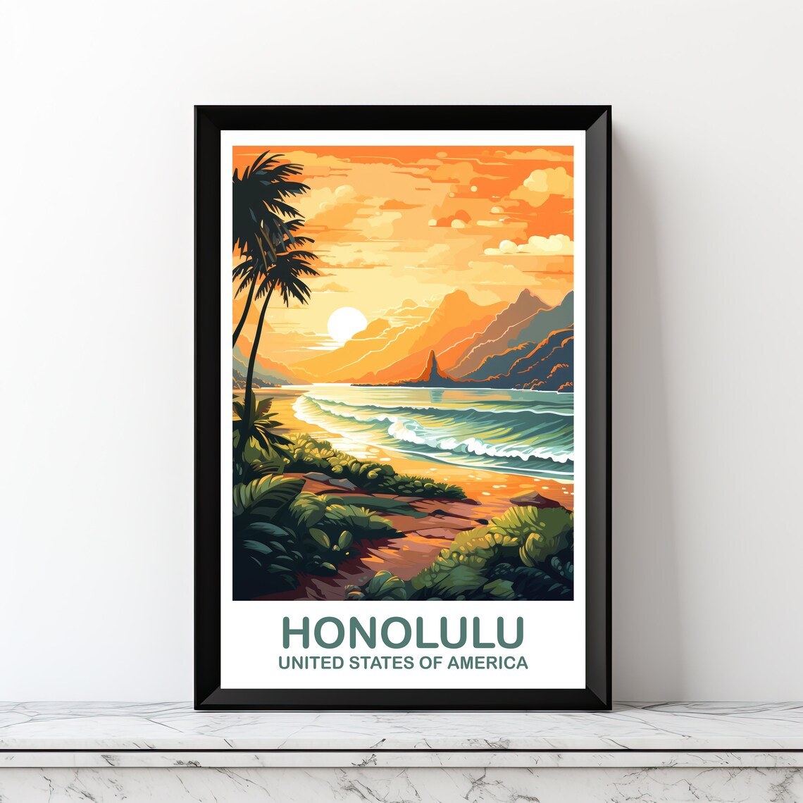 Honolulu Travel Poster, Hawaii City Skyline