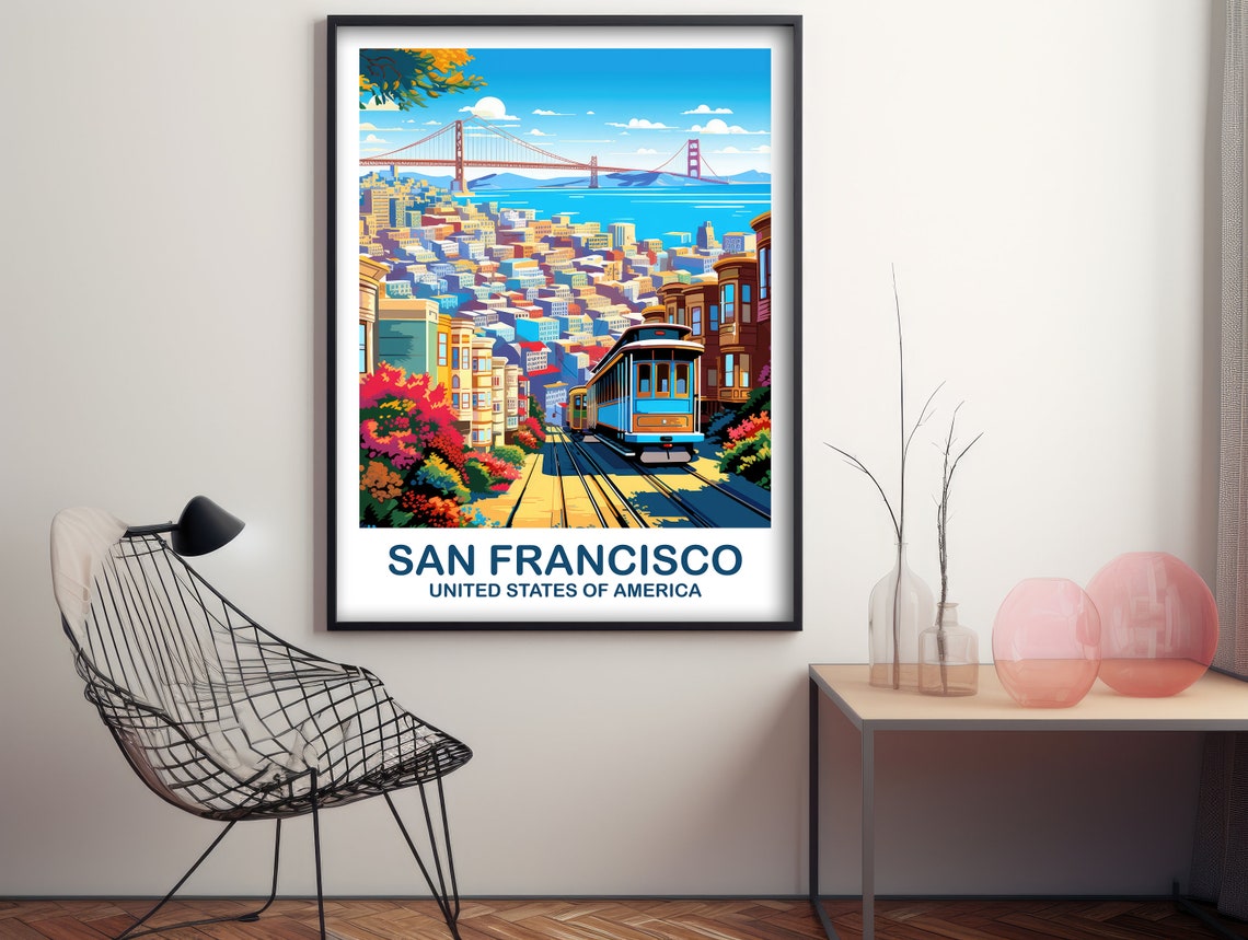San Francisco Cable Car Golden Gate Bridge Hillside Travel Poster - Image 2