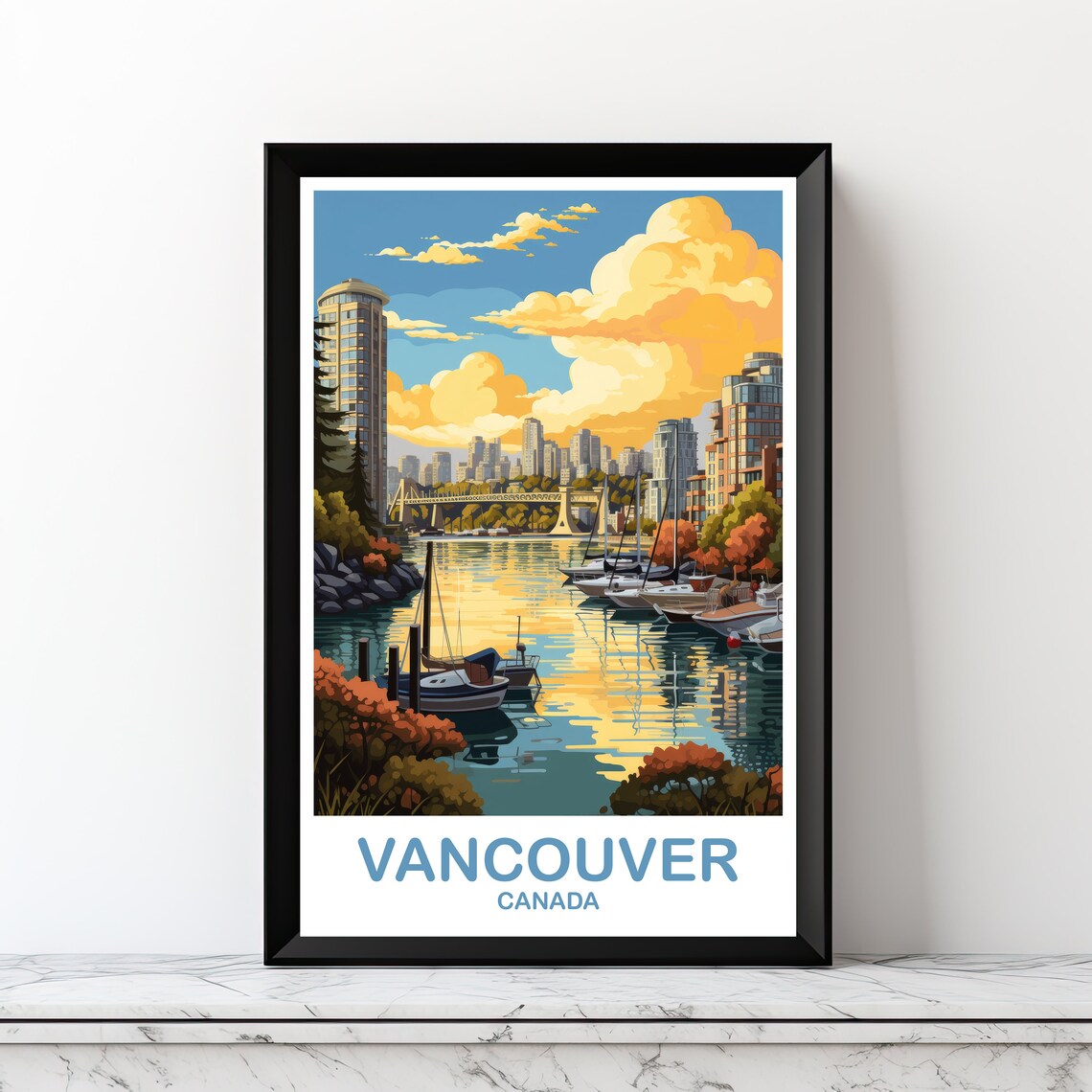 Vancouver Canada Harbor Marina Sailboats Sunset Travel Art Poster