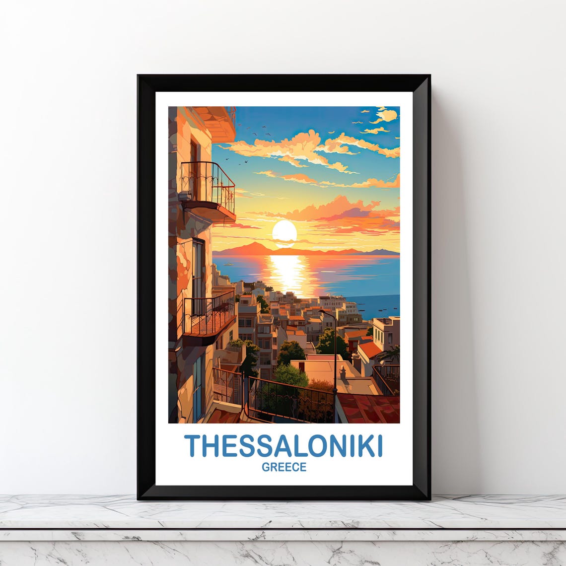 Thessaloniki Greece Sunset Travel Poster Vintage Seaside City Art