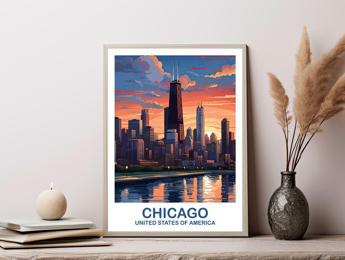 Chicago USA Sunset Skyline Lakefront Evening Travel Art Poster - Image 3