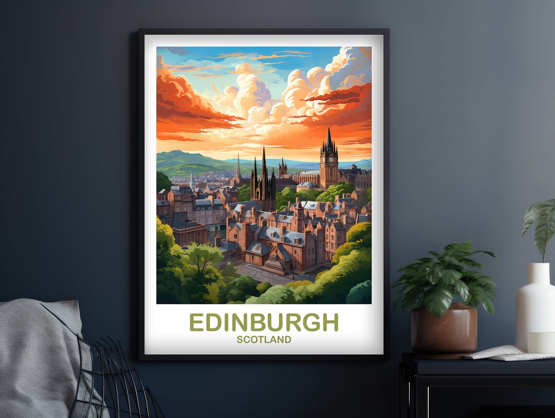 Edinburgh Scotland Dramatic Sunset Skyline Vintage Travel Poster - Image 3