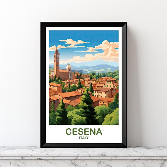 Cesena Italy Hill Town Bell Tower Cypress Vintage Travel Poster