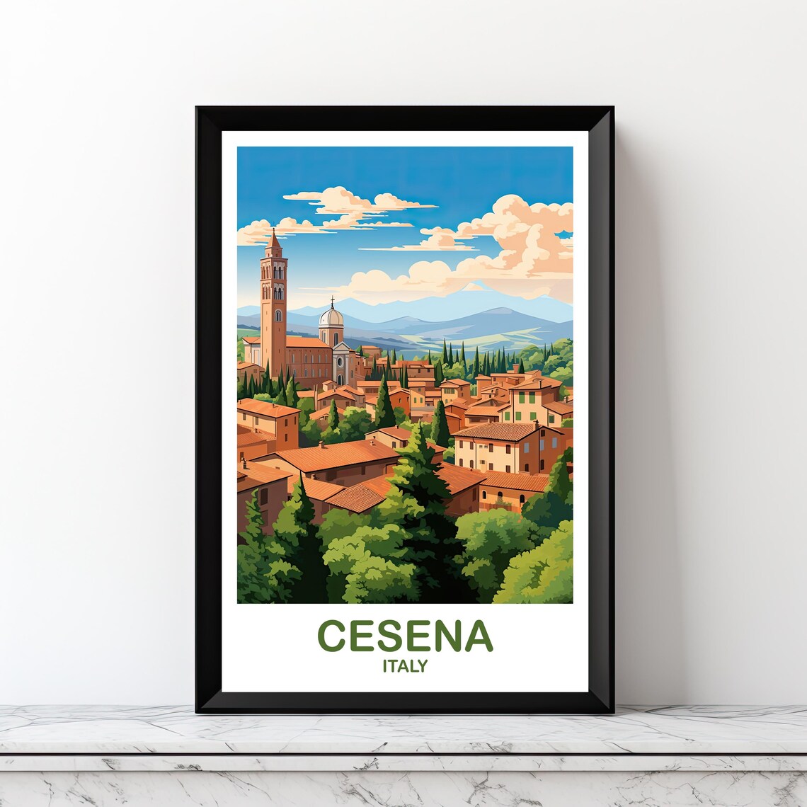 Cesena Italy Hill Town Bell Tower Cypress Vintage Travel Poster